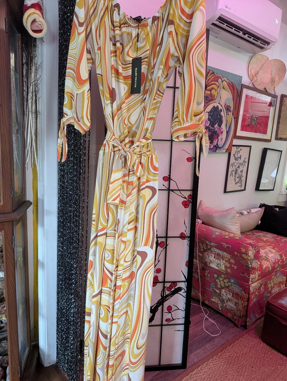 Off-Shoulder Swirl Print Maxi Dress in Yellow and Orange